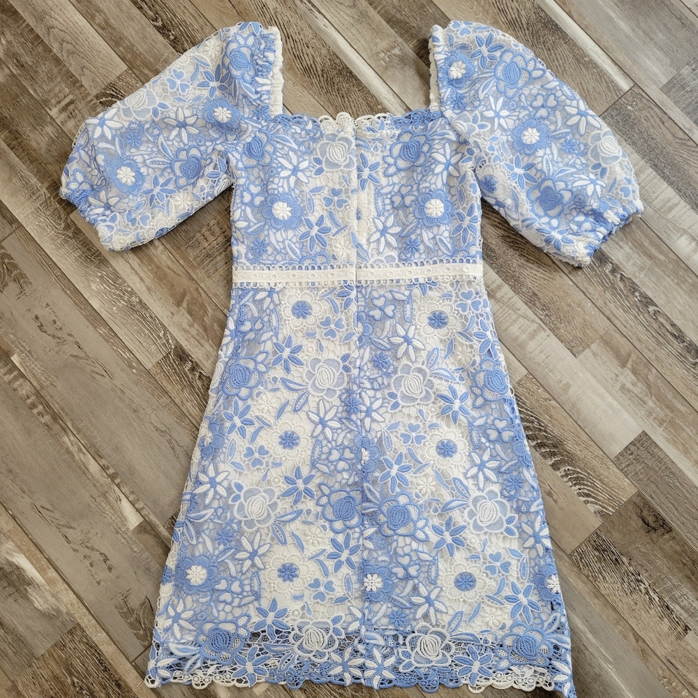 Shoshanna Airana White And Blue Lace Puff Sleeve Mini Dress Size 0 - Picture 5 of 7